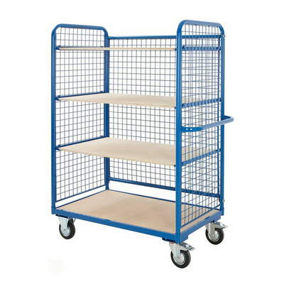 Disassembled Heavy Duty Warehouse Wire Mesh Steel 4 Layers Plywood Storage Shelf Trolley